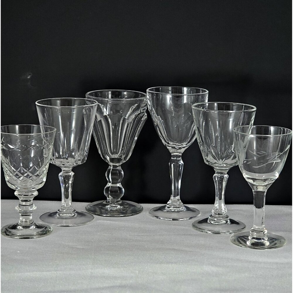 6 Mismatched Vintage Cocktail Glasses Etched Floral Romancic mixed drinks party